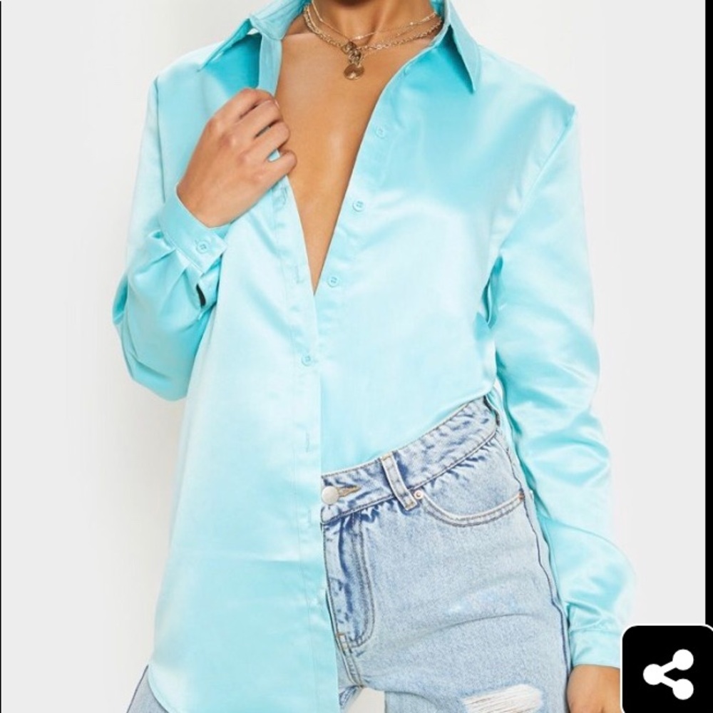 Turquoise satin button shirt
